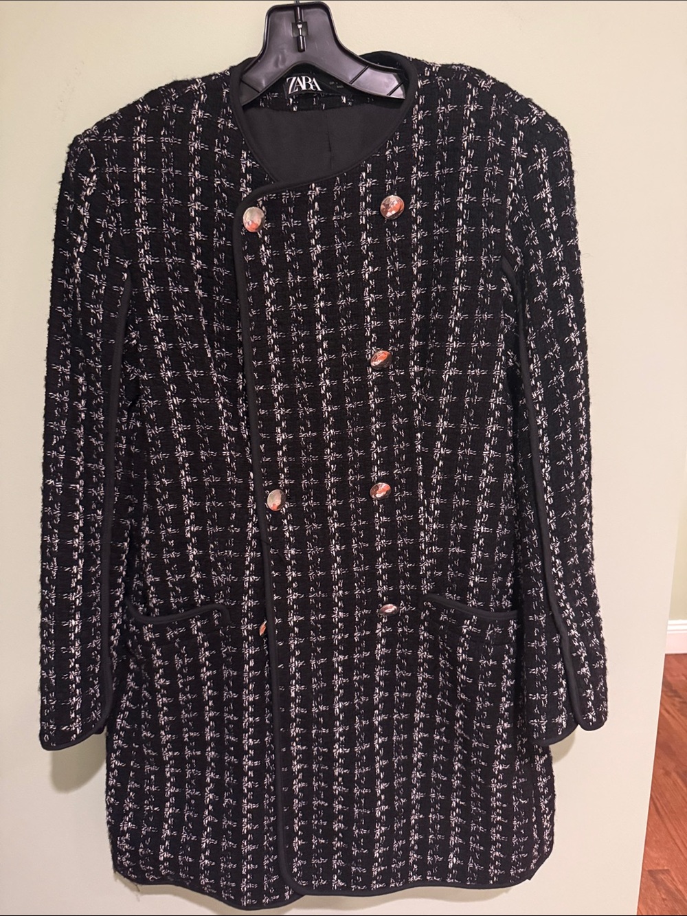 Zara Black & White Tweed Double-Breasted Blazer Coat